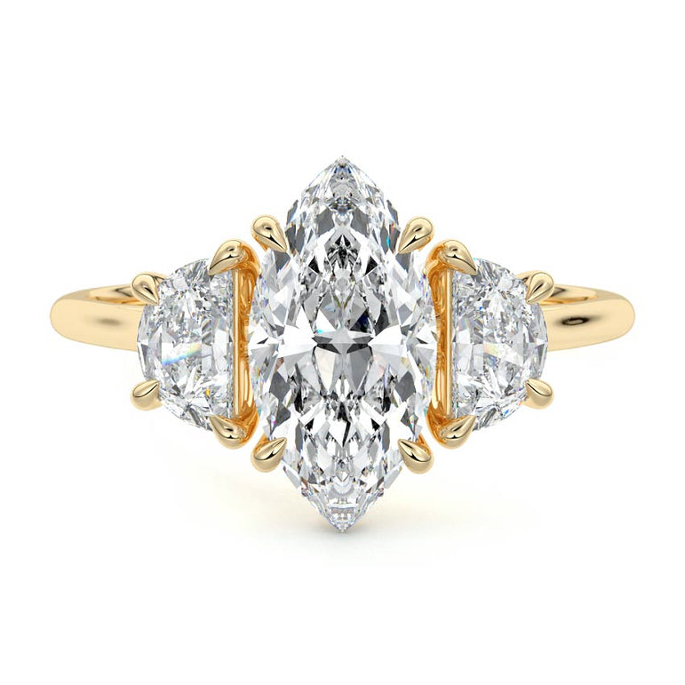 Sadie - Three Stone with Half-Moon Side Stones Setting YG